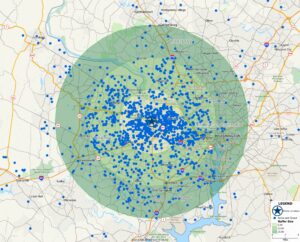Map with blue dots indicating where customers are within different radiuses of the store